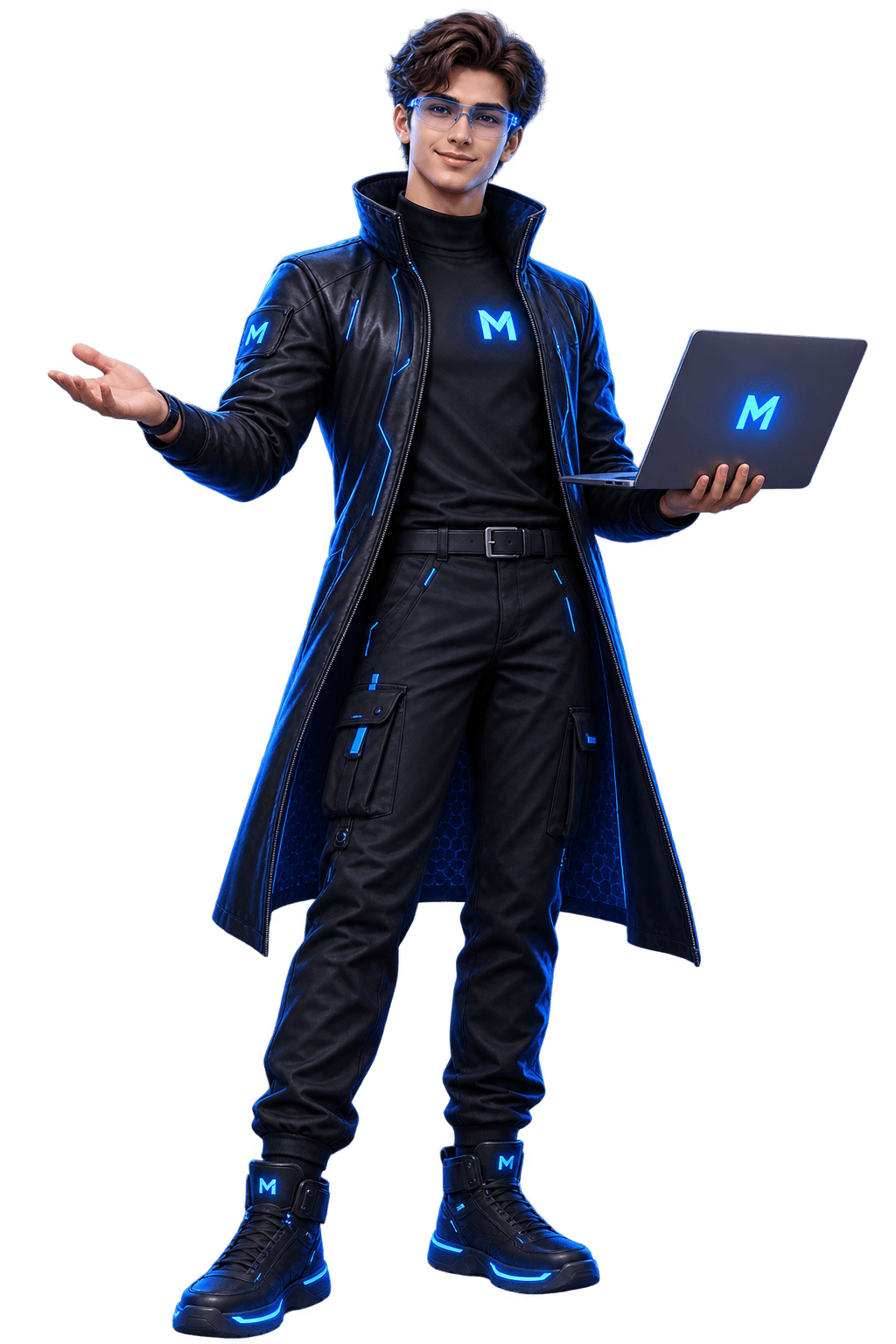 Melvorix mascot in a glowing tech coat, presenting on a laptop