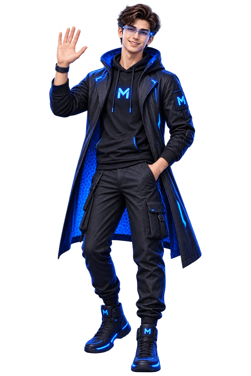 Melvorix mascot in a glowing tech hoodie and coat, waving hello